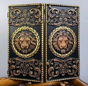 3D Premium WOODEN BACKGAMMON Set Game New Board 48cm (19"), Carved, Lion - Picture 1 of 7