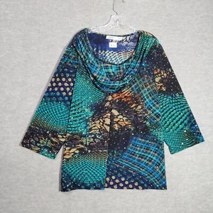 Dressbarn Women Top 2X Blue Plaid Blouse Metallic Polka Dots Cowl Neck Pullover - Picture 1 of 10