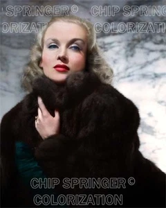CAROLE LOMBARD WEARING A FUR COAT 8X10 BEAUTIFUL COLOR PHOTO BY CHIP SPRINGER - Picture 1 of 1