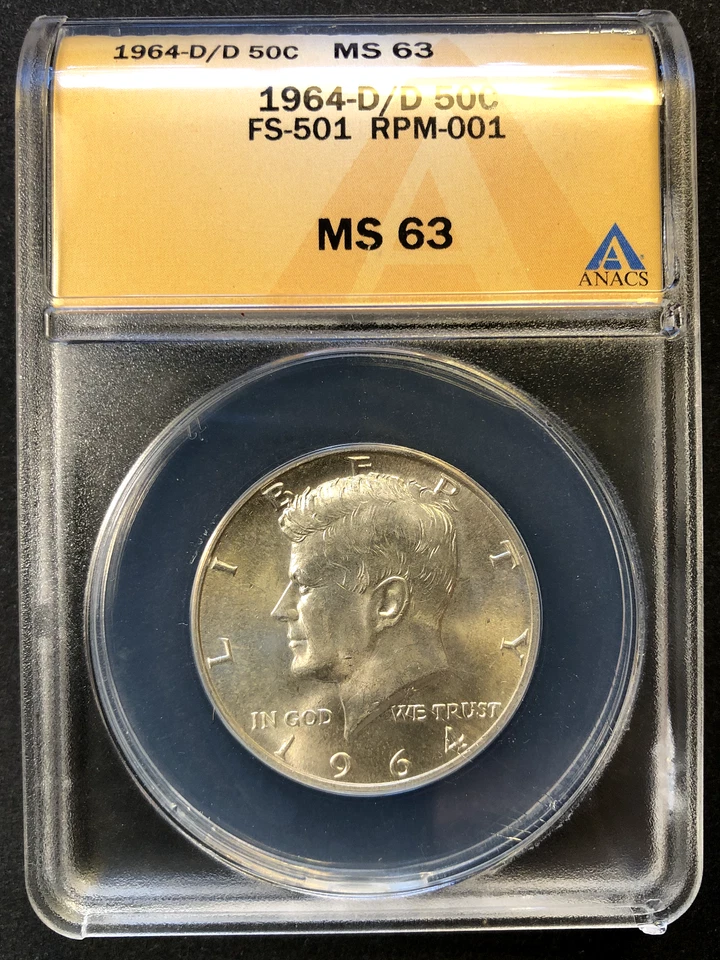 THE BIG ONE 1964-D/D Kennedy Half Dollar RPM-001 FS-501 RARE Variety ANACS MS-63 - Image 1 of 4