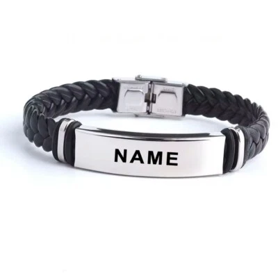 Customized Engraved Name Bracelet Jewelry Leather Rope Chain Men Women Silver - Image 1 of 4