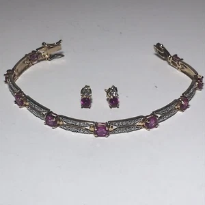 Sterling Silver Gold Plate Pink Sapphire W/Accents Oval Round Bracelet Earrings - Picture 1 of 7