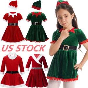 Kid Girls Christmas Santa Claus Elf Costume Fancy Dress Ballet Cosplay Outfit - Picture 1 of 48