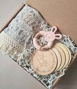 Baby Shower Box personalised baby gift Blanket teether milestone cards - Picture 1 of 5