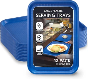 Large Plastic Serving Trays Fast Food 12 Set 10X14” Blue Colored Cafeteria Tray - Picture 1 of 1