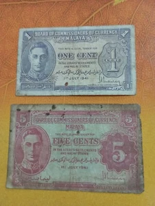 Lot-2pcs 1941 BOCOC Malaya 5 Cents & 1 Cent Banknotes (XF-VF) - Picture 1 of 6