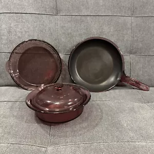Visions Corning Cranberry 4 Piece Set Pie Pan Casserole 10" Skillet Non Stick - Picture 1 of 13