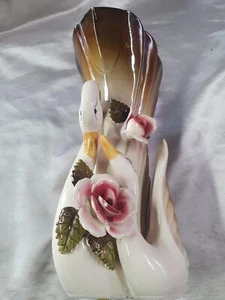 Vintage Lustre Swan Planter/Vase 3D Roses & Gold Detail C.50s Pretty Pink Japan - Picture 1 of 9