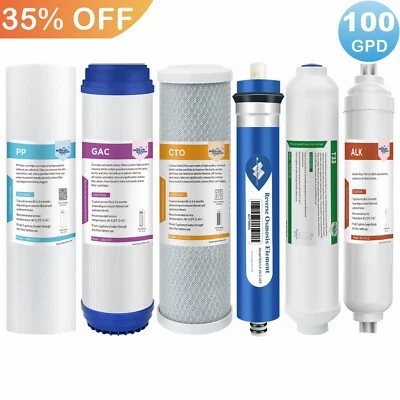 6 Stage 100 GPD RO Membrane Reverse Osmosis System pH Alkaline Water Filter Set - Image 1 of 4