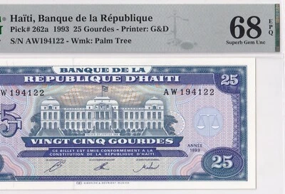 HAITI-25 GOURDES-1993-PICK 262a-# 194122 **PMG 68 EPQ SUPERB GEM UNC**POP 1** - Image 1 of 3
