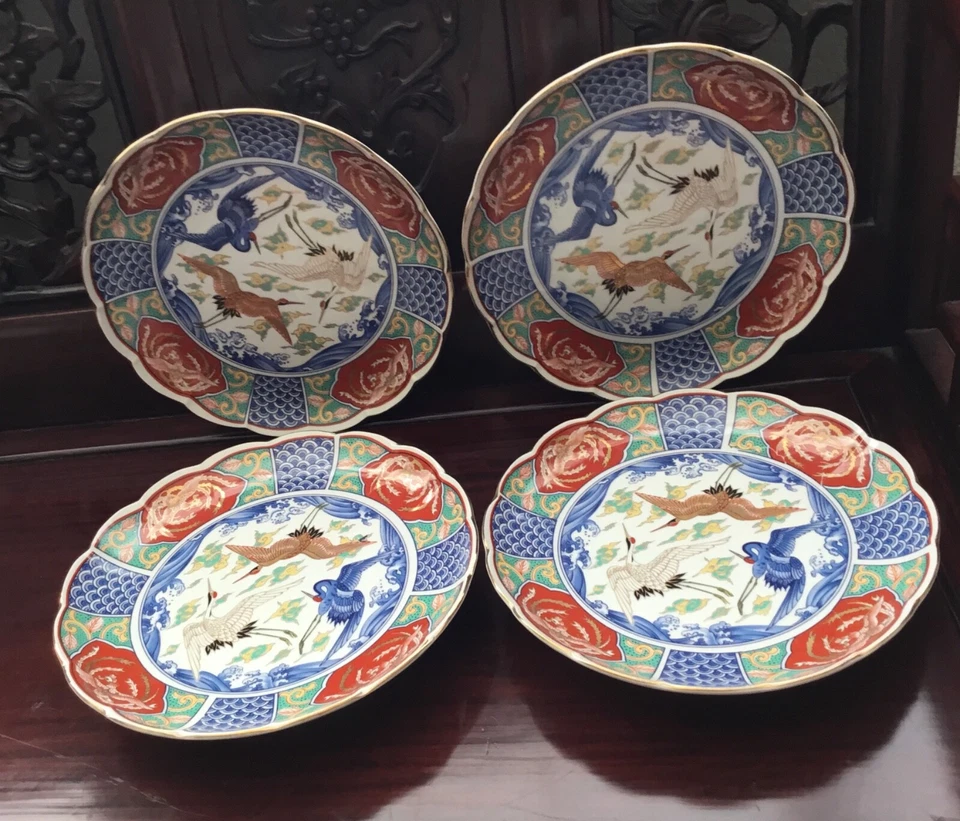 Japanese Imari 4 plate stand blue and white Crane bird gold gilt scallop large! - Image 1 of 4