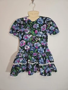 Vestido Vintage Niñas Hecho a Mano Floral Volantes Azul Negro Años 80/90 Talla 5/6? - Imagen 1 de 7