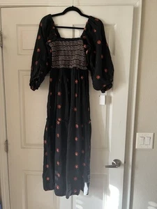 Free People Dahlia Embroidered Maxi Dress Tiered Smocked Black Combo S NWT - Picture 1 of 10