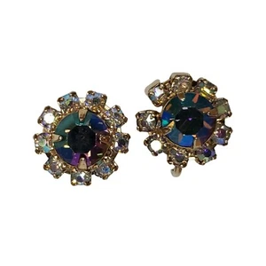 Floral Aurora Borealis Crystal Rhinestone Earrings Screw Back 5/8" - Picture 1 of 5