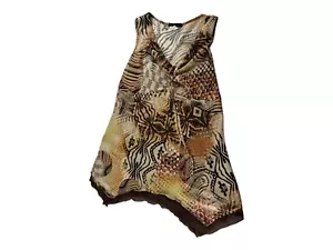 Cant Miss Boho Tanktop braun abstrakt Damen V-Ausschnitt asymmetrischer Saum ärmellos - Bild 1 von 5