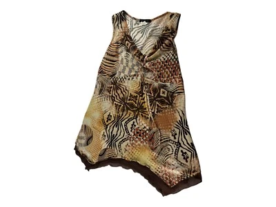 Cant Miss Boho Tank Top Brown Abstract Womens V Neck Asymmetrical Hem Sleeveless - Image 1 of 4