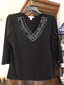 Dressbarn Damenbluse schwarz Dreiviertelärmel Perlen V-Ausschnitt Oberteil Größe PL - Bild 1 von 5