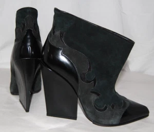 $1125❤️US8 SERGIO ROSSI Black Gray Green Leather WESTERN Wedge Ankle Boots ITALY - Picture 1 of 12