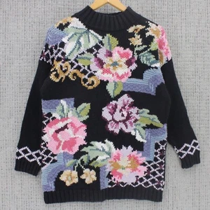 Vintage Jennifer & Company Sweater Womens Medium M Black Floral Hand Knitted 90s - Picture 1 of 8