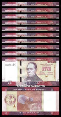 Liberia 5 Dollars 2016, UNC, 10 Pcs LOT, Consecutive, P-31,New Design, Prefix AA - Image 1 of 4
