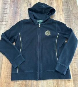 L-RL Lauren Active Ralph Lauren Full Zip Hoodie Jacket Gold Crest Trim Black M - Picture 1 of 8