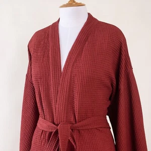 Red Unisex Hotel Bathrobe Belt 100% Cotton Robe Sleepwear Waffle Nightwear - Picture 1 of 7