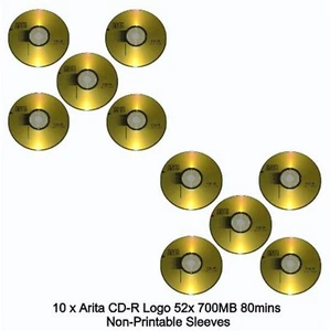 10 x Arita Ritek CD-R 52x Speed 80 Min CD Discs 700MB Non Printable Sleeves New - Picture 1 of 16