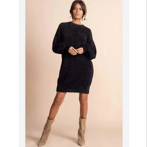 NWOT Halogen Mock Neck Long Sleeve Fuzzy Sweater Dress in Black Sz. XS - Picture 1 of 10
