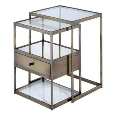 ACME Enca 2 Pieces Nesting Table in Clear Glass and Antique Brass - Image 1 of 4
