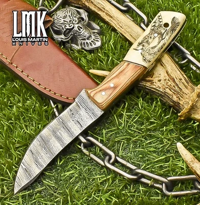 LMK Custom Forged Skinner Knife Twist Damascus ScrimShaw Bone Wooden Bolster EDC - Image 1 of 4