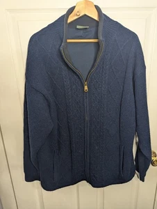 Aran Crafts Mens Sweater 100% Wool Full Zip Blue Cable Knit Cardigan Size Medium - Picture 1 of 5