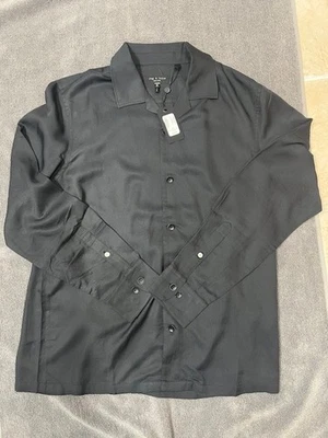 Мужская тряпичная и костяная однотонная черная вискозная рубашка средний размер новая с этикетками - Изображение 1 из 4