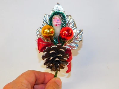 Vintage CHRISTMAS CORSAGE Mercury Glass Balls Foil Leaf Putz SANTA  Pinecone - Image 1 of 4