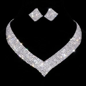 Wedding Jewelry Sets For Women Classic Crystal Clear Geometric Rhinestone Kit - Picture 1 of 12
