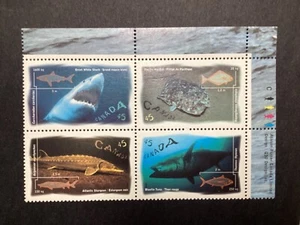 Francobolli Canada 1997 #1641 1642 1643 1644 pesce acqua salata 45¢ blocco targa MNH OG - Foto 1 di 1