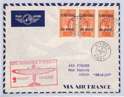 Cubierta de correo aéreo France Cols NIGER SEGUNDO VUELO SENEGAL Dakar AEROMARITIME 1937 YZ72 Foto 1 de 4
