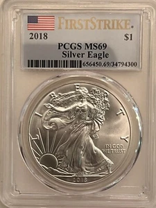 2018 AMERICAN SILVER EAGLE. PCGS MS 69. A FIRST STRIKE COIN. - Picture 1 of 8
