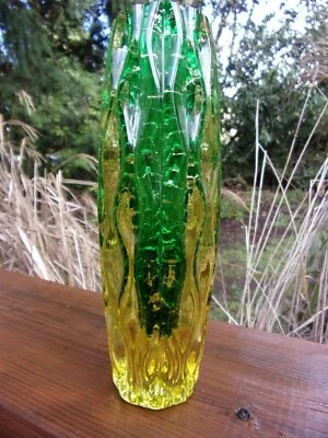 unusual vase~unknown artist! 1950's-70's~yellow~green crackle glass mid century~ - Image 1 of 4