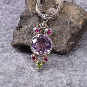 Amethyst Anhänger, 925er Silber, Edelsteinanhänger (11107), mit Peridot u. Grana - Bild 1 von 1