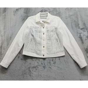 Per Se by Carlisle Jacket Womens 4 White Silver Tweed Denim Crop Zip Pockets - Picture 1 of 11