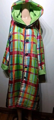 Vtg Ubu Reversible Raincoat Multicolor Plaid/Solid Green Pleated Hood Buttons XL - Image 1 of 4