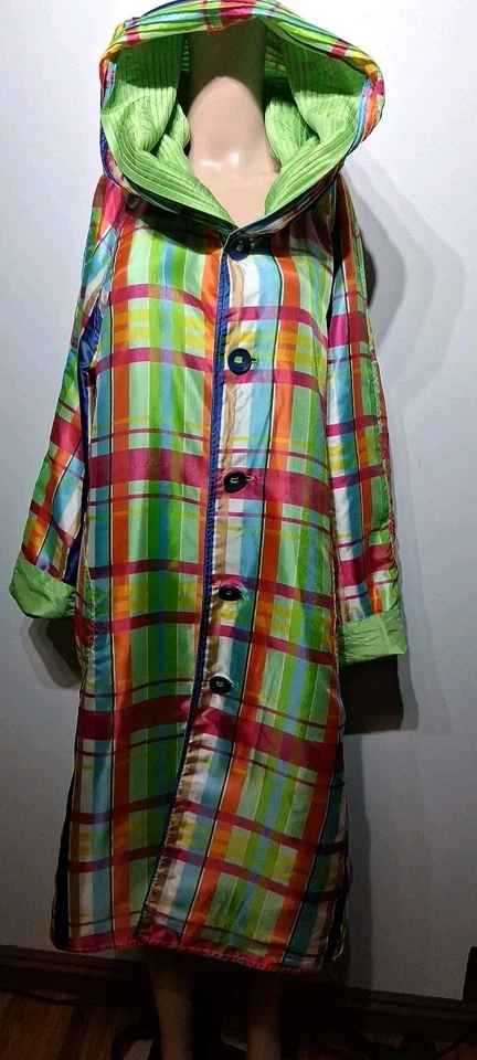 De Colección Ubu Impermeable Reversible Multicolor A Cuadros/Verde Sólido Plisado Capucha Botones XL Foto 1 de 4