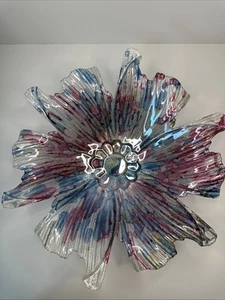 Silver Blue Pink Luster Glass Floral Bowl 15 Italian Vintage Centerpiece - Picture 1 of 12