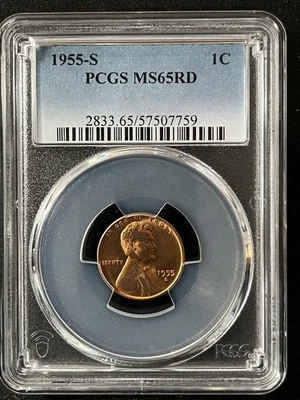 1955-S  1C RD Lincoln Wheat One Cent  PCGS MS65RD   57507759 - Image 1 of 2
