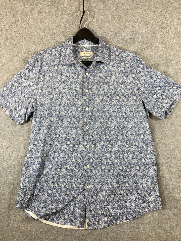 Bugatchi 8-Way Stretch Button Up Shirt Mens XL Blue White Floral Short Sleeve - Image 1 of 4