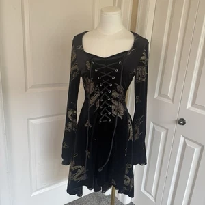 Vestido Corsé Gótico Encaje Vintage Años 90 Santuario de Hollywood Terciopelo Negro Dragón M - Imagen 1 de 13