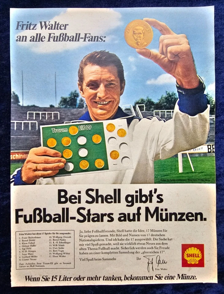 Shell, Münzen mit Fußball-Stars, Fritz Walter originale Werbung aus 1969 - Bild 1 von 1