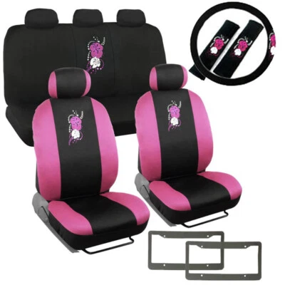 14pc Pink Hawaiian Flowers Car Front Back Seat Covers & Steering Wheel Cover Set - Image 1 of 4