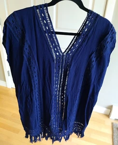 RAVIYA Cover Up Beachwear V-Neck Dress Summer Blue Eyelets Braided Fringe Small - Picture 1 of 18