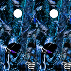 Cornhole Wraps Dark Blue Skulls and Grim Reaper Bow Hunter 2 Decals - Picture 1 of 2